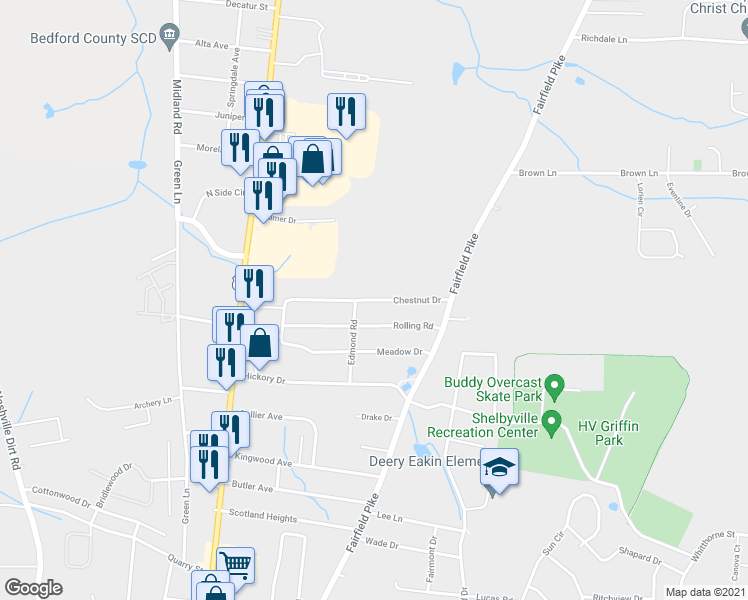 map of restaurants, bars, coffee shops, grocery stores, and more near 308 Chestnut Drive in Shelbyville