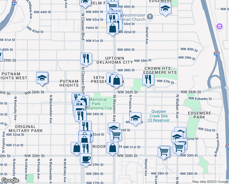 map of restaurants, bars, coffee shops, grocery stores, and more near North Western Avenue & Northwest 36th Street in Oklahoma City