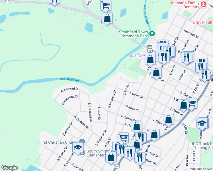 map of restaurants, bars, coffee shops, grocery stores, and more near 216 West Davis Street in Smithfield