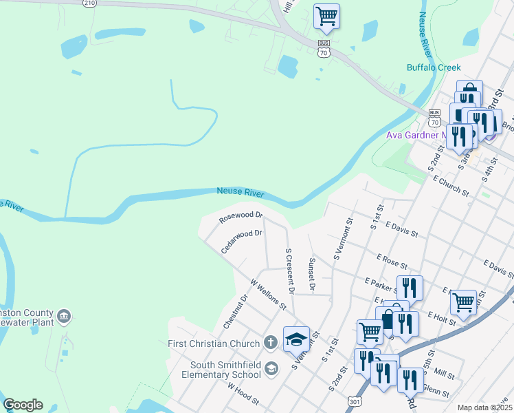 map of restaurants, bars, coffee shops, grocery stores, and more near 506 Rosewood Drive in Smithfield