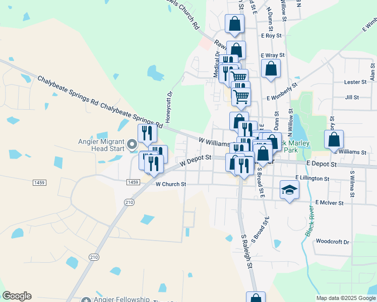 map of restaurants, bars, coffee shops, grocery stores, and more near 42 North Cross Street in Angier