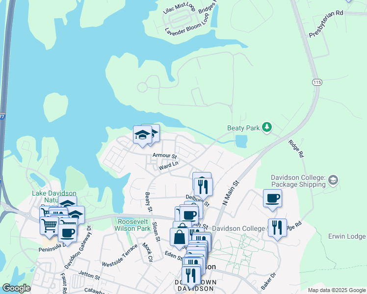 map of restaurants, bars, coffee shops, grocery stores, and more near 835 Naples Drive in Davidson