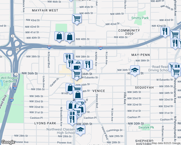 map of restaurants, bars, coffee shops, grocery stores, and more near 2726 Northwest 36th Terrace in Oklahoma City
