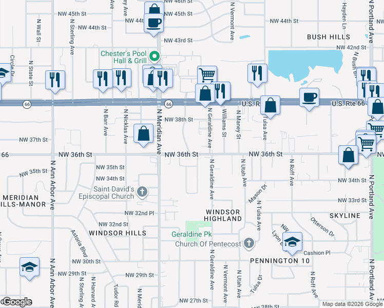 map of restaurants, bars, coffee shops, grocery stores, and more near 3701 Amelia Avenue in Oklahoma City