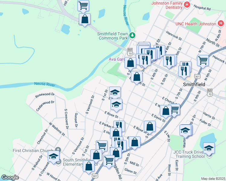 map of restaurants, bars, coffee shops, grocery stores, and more near 110 East Riverside Drive in Smithfield