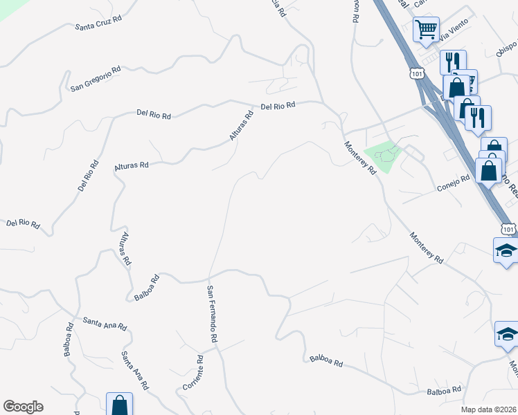 map of restaurants, bars, coffee shops, grocery stores, and more near 2155 San Fernando Road in Atascadero