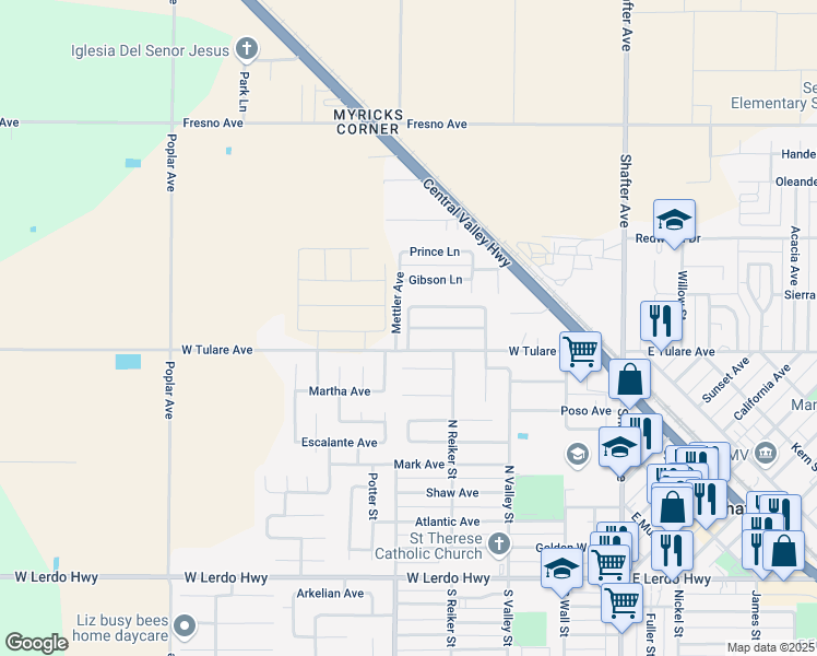 map of restaurants, bars, coffee shops, grocery stores, and more near 498 Mesa Verde Avenue in Shafter