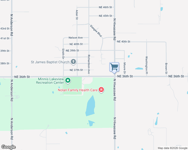 map of restaurants, bars, coffee shops, grocery stores, and more near 12817 Northeast 36th Street in Spencer