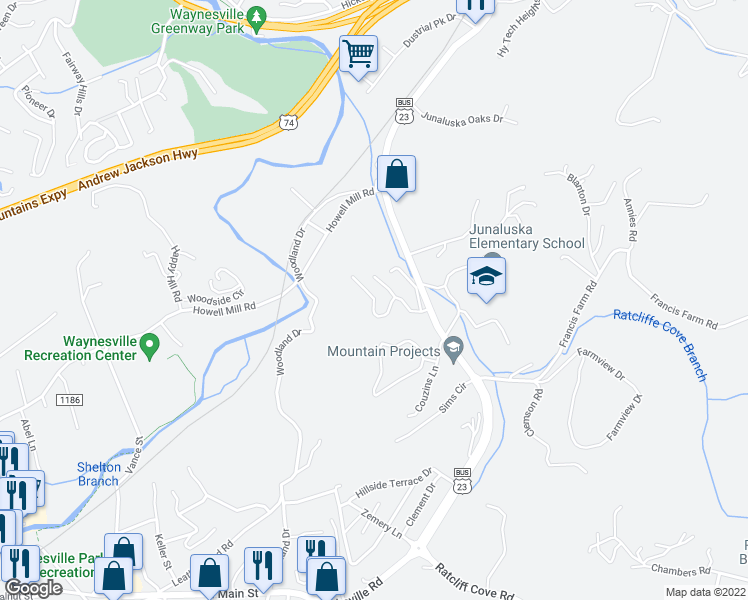 map of restaurants, bars, coffee shops, grocery stores, and more near 311 Monte Vista Drive in Waynesville