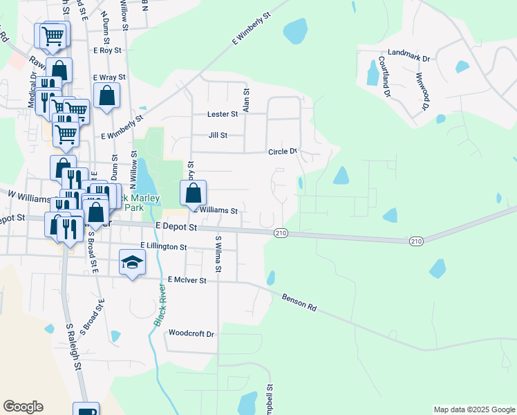 map of restaurants, bars, coffee shops, grocery stores, and more near 77 West Myrtle Drive in Angier