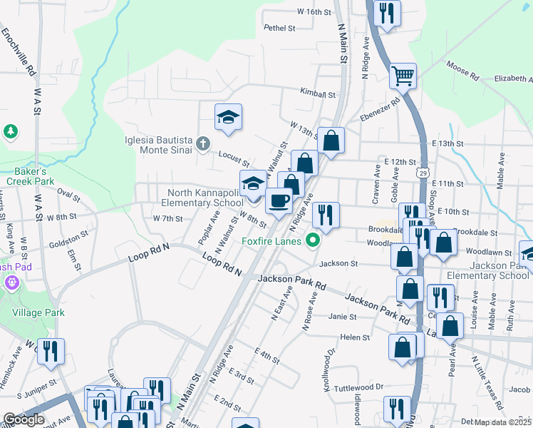 map of restaurants, bars, coffee shops, grocery stores, and more near 800 North Walnut Street in Kannapolis