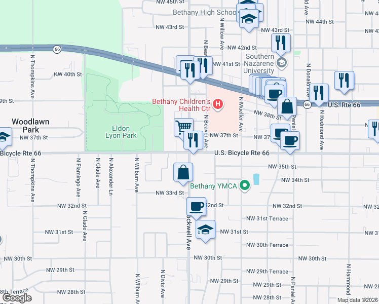 map of restaurants, bars, coffee shops, grocery stores, and more near N Rockwell Ave & NW 36th St in Bethany