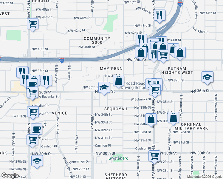 map of restaurants, bars, coffee shops, grocery stores, and more near 2341 Northwest 36th Street in Oklahoma City