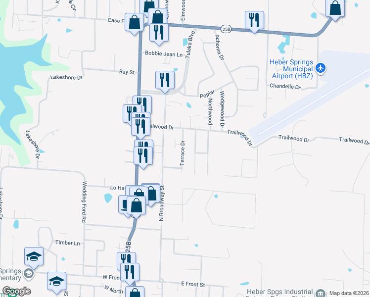 map of restaurants, bars, coffee shops, grocery stores, and more near 1519 Terrace Drive in Heber Springs