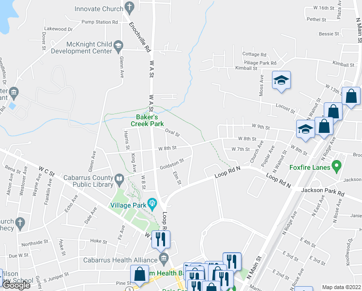 map of restaurants, bars, coffee shops, grocery stores, and more near 704B West 8th Street in Kannapolis