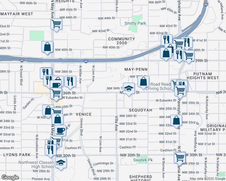 map of restaurants, bars, coffee shops, grocery stores, and more near 2456 NW 36th Terrace in Oklahoma City