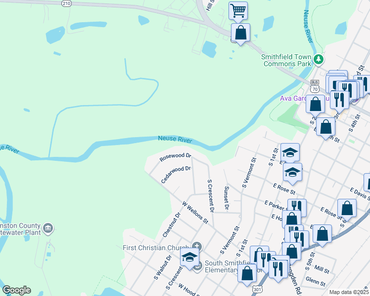 map of restaurants, bars, coffee shops, grocery stores, and more near 506 Rosewood Drive in Smithfield