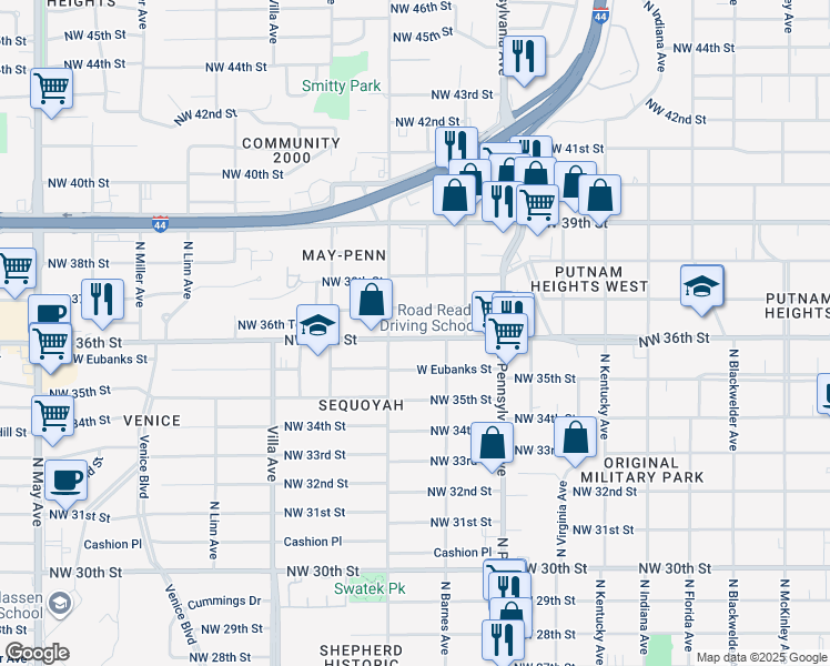map of restaurants, bars, coffee shops, grocery stores, and more near 2243 Northwest 36th Street in Oklahoma City