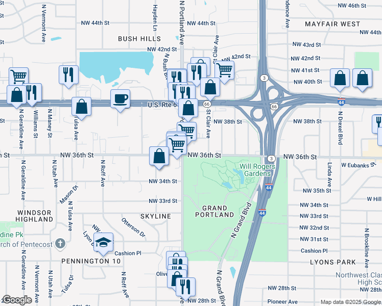 map of restaurants, bars, coffee shops, grocery stores, and more near 3629 Northwest 36th Street in Oklahoma City