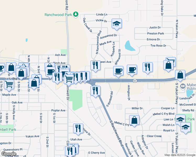 map of restaurants, bars, coffee shops, grocery stores, and more near 56 North Ranchwood Boulevard in Yukon