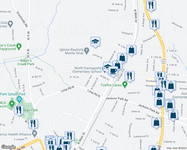 map of restaurants, bars, coffee shops, grocery stores, and more near 622 Poplar Avenue in Kannapolis