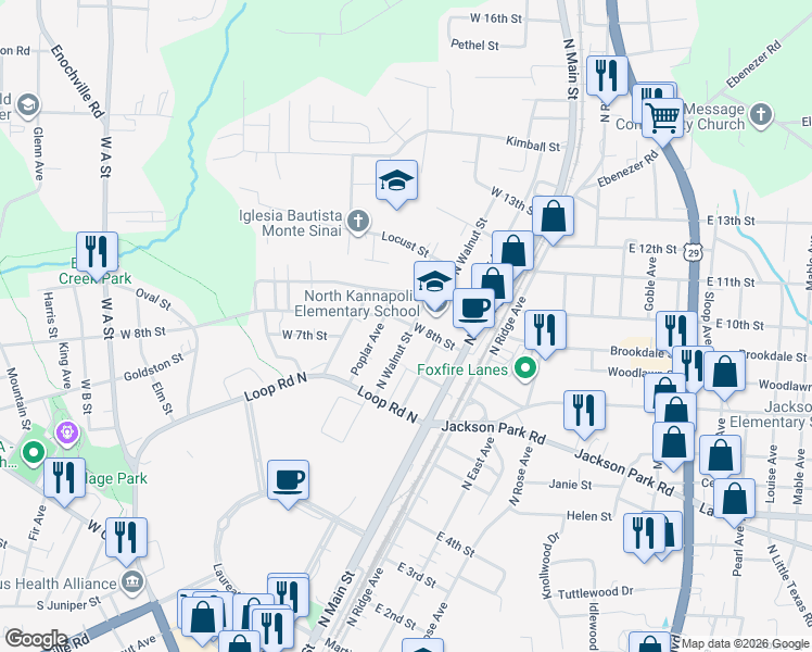map of restaurants, bars, coffee shops, grocery stores, and more near 623 North Walnut Street in Kannapolis