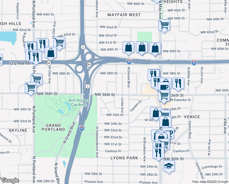 map of restaurants, bars, coffee shops, grocery stores, and more near 3201 Northwest 36th Street in Oklahoma City