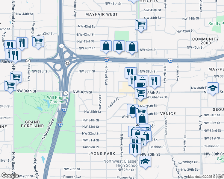 map of restaurants, bars, coffee shops, grocery stores, and more near 3707 North Hartford Street in Oklahoma City