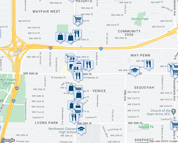 map of restaurants, bars, coffee shops, grocery stores, and more near 2726 Northwest 36th Terrace in Oklahoma City