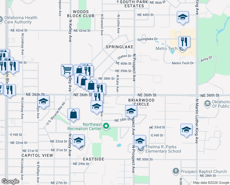 map of restaurants, bars, coffee shops, grocery stores, and more near 1245 Northeast 36th Street in Oklahoma City