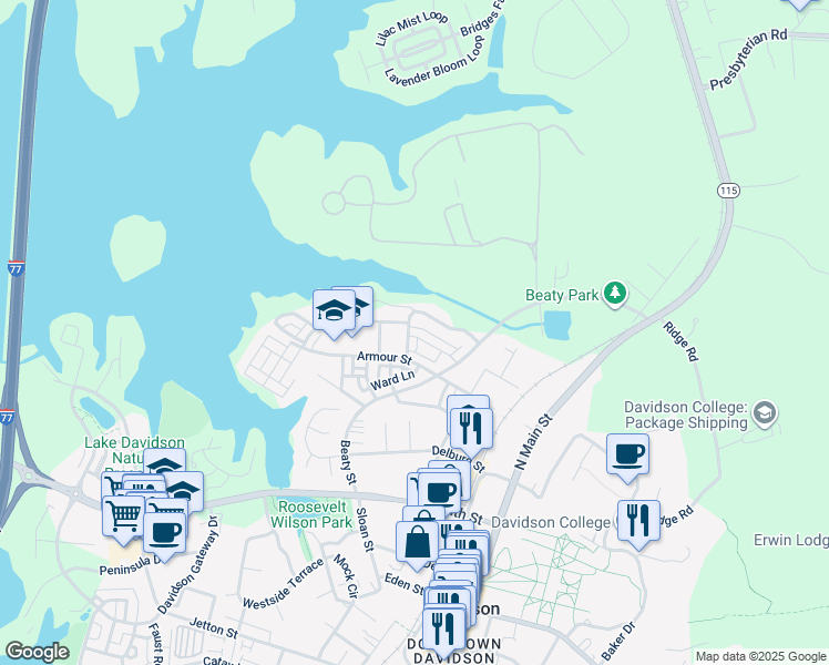 map of restaurants, bars, coffee shops, grocery stores, and more near 835 Naples Drive in Davidson