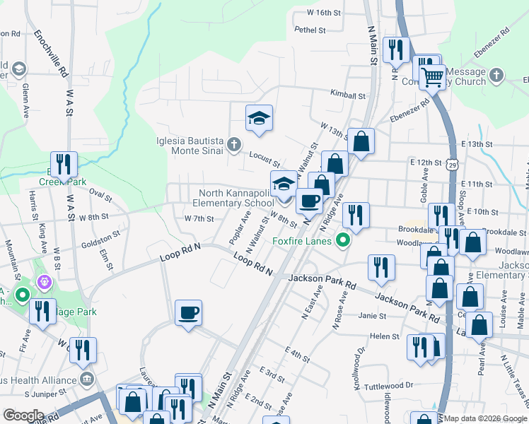 map of restaurants, bars, coffee shops, grocery stores, and more near 623 North Walnut Street in Kannapolis