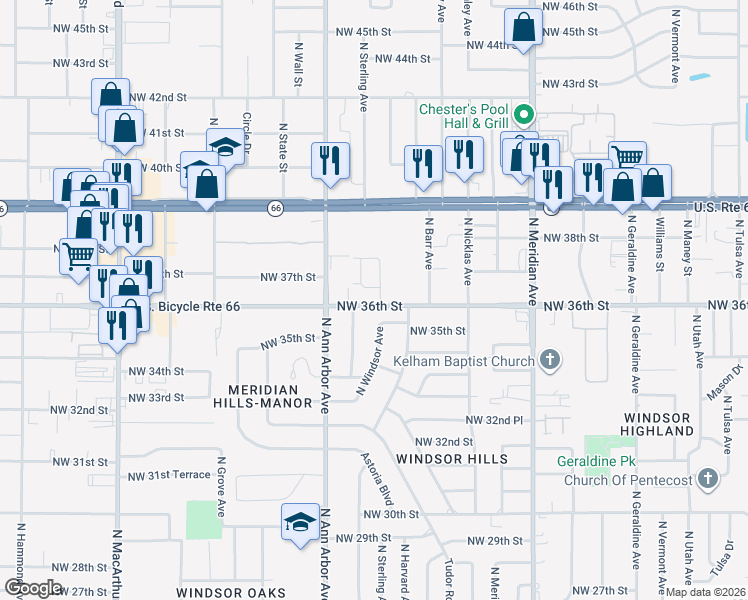map of restaurants, bars, coffee shops, grocery stores, and more near 3701 North Windsor Avenue in Oklahoma City