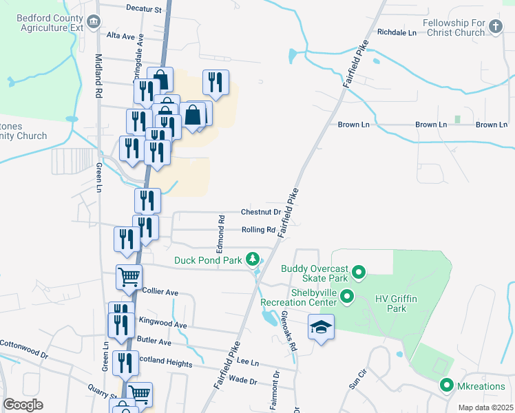 map of restaurants, bars, coffee shops, grocery stores, and more near 317 Chestnut Dr in Shelbyville