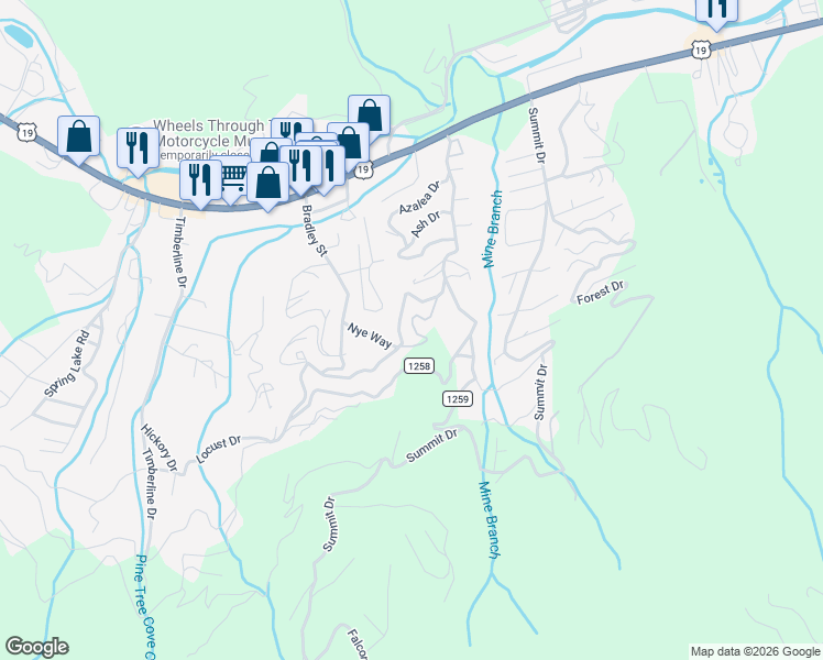 map of restaurants, bars, coffee shops, grocery stores, and more near 122 Laurel Loop in Maggie Valley
