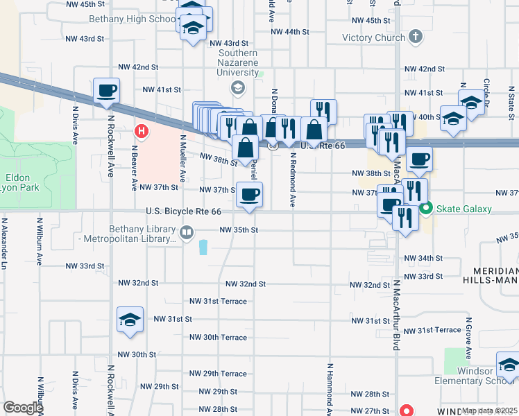map of restaurants, bars, coffee shops, grocery stores, and more near 6509 Northwest 36th Street in Bethany