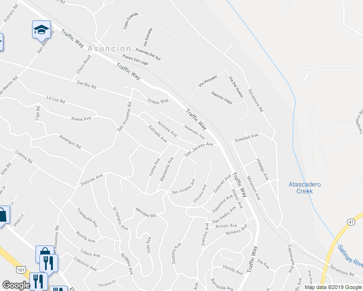 map of restaurants, bars, coffee shops, grocery stores, and more near 4827 Estrada Avenue in Atascadero