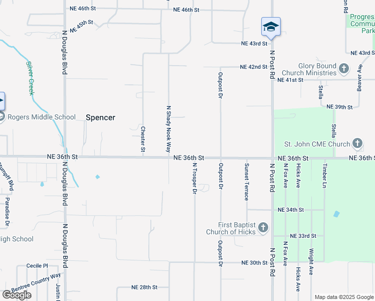 map of restaurants, bars, coffee shops, grocery stores, and more near 9521 Northeast 36th Street in Spencer