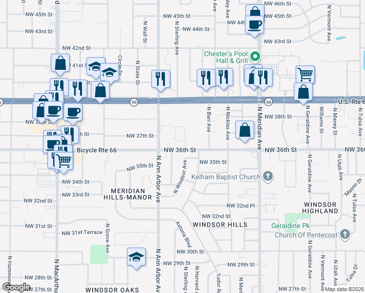 map of restaurants, bars, coffee shops, grocery stores, and more near 3701 North Windsor Avenue in Oklahoma City