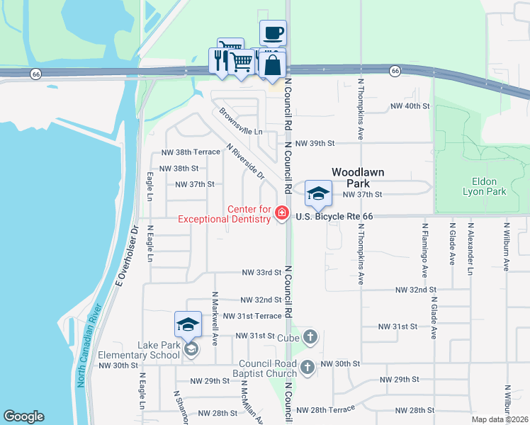 map of restaurants, bars, coffee shops, grocery stores, and more near 3700 N McMillan Ave in Bethany