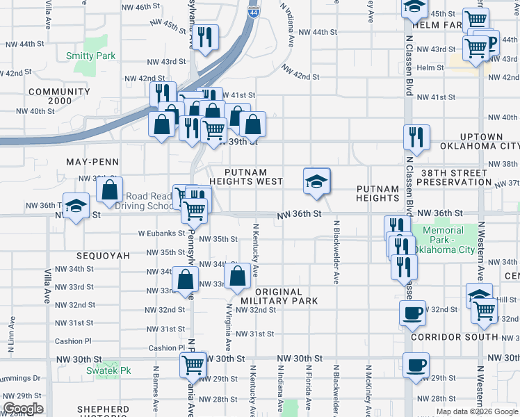 map of restaurants, bars, coffee shops, grocery stores, and more near 1833 Northwest 36th Street in Oklahoma City