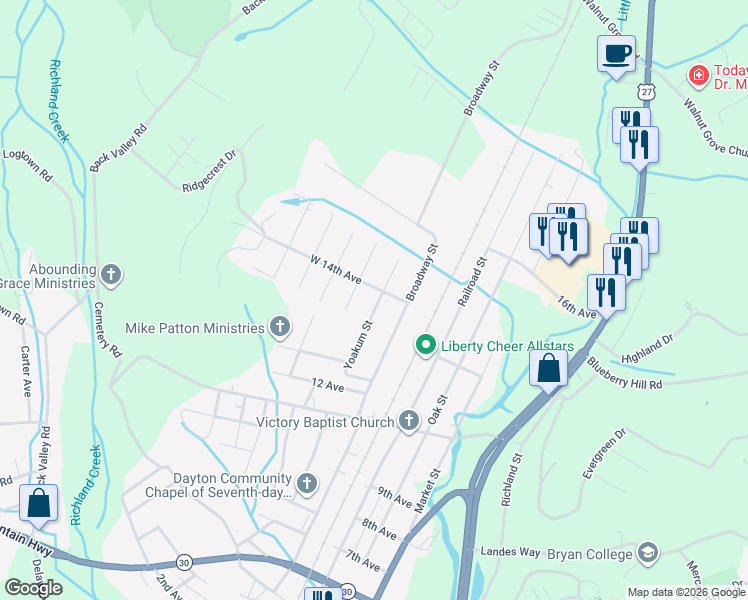 map of restaurants, bars, coffee shops, grocery stores, and more near 216 West 14th Avenue in Dayton