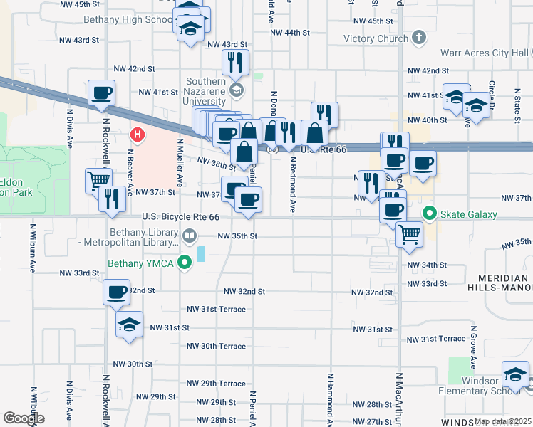 map of restaurants, bars, coffee shops, grocery stores, and more near 6509 Northwest 36th Street in Bethany
