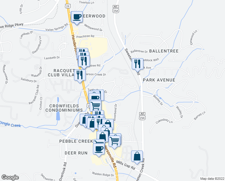 map of restaurants, bars, coffee shops, grocery stores, and more near 98 Turtle Creek Drive in Asheville