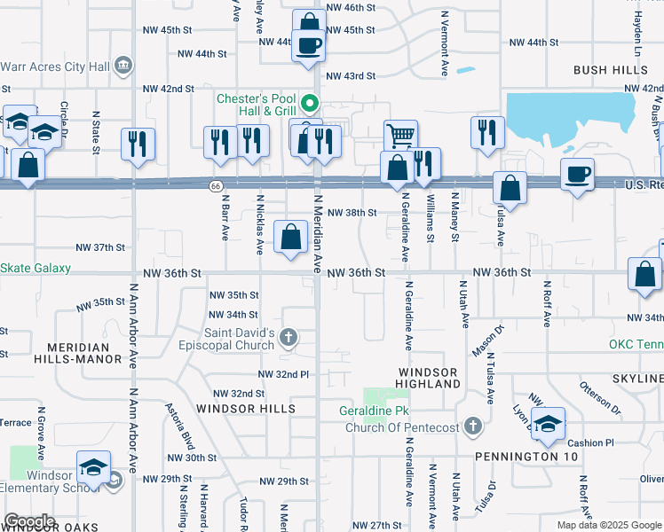 map of restaurants, bars, coffee shops, grocery stores, and more near 4435 Northwest 36th Street in Oklahoma City