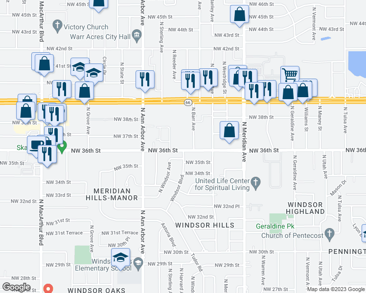 map of restaurants, bars, coffee shops, grocery stores, and more near 4745 Northwest 36th Street in Oklahoma City
