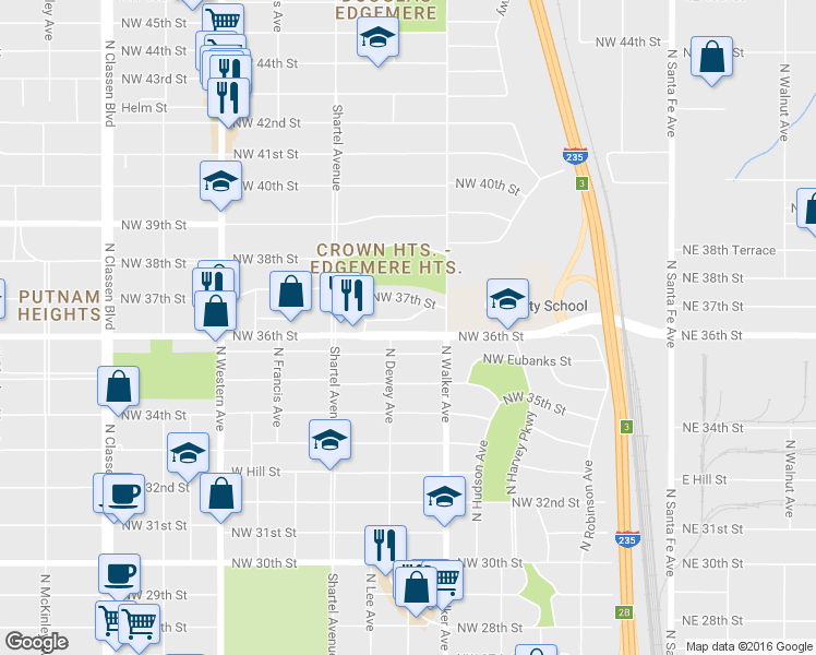 map of restaurants, bars, coffee shops, grocery stores, and more near 532 Northwest 36th Terrace in Oklahoma City