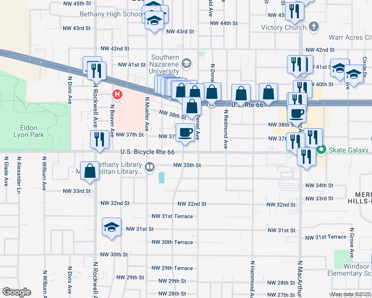 map of restaurants, bars, coffee shops, grocery stores, and more near 3700 North College Avenue in Bethany
