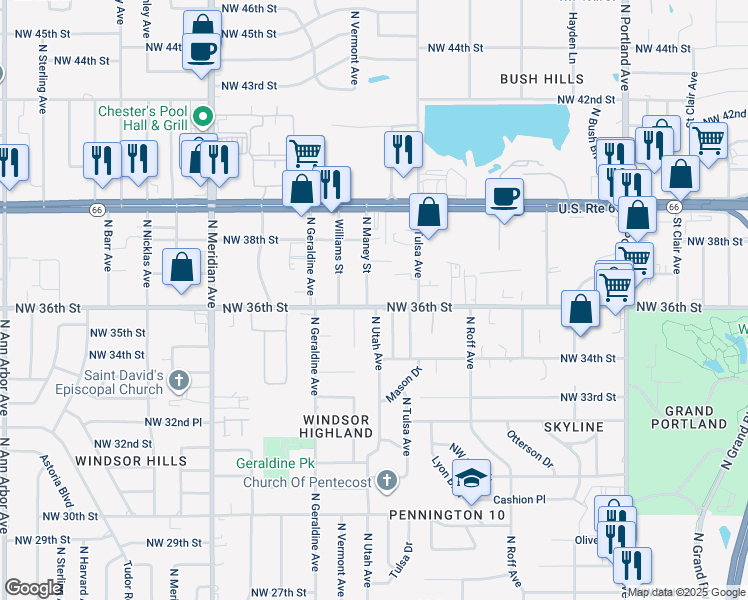 map of restaurants, bars, coffee shops, grocery stores, and more near 4131 Northwest 36th Street in Oklahoma City