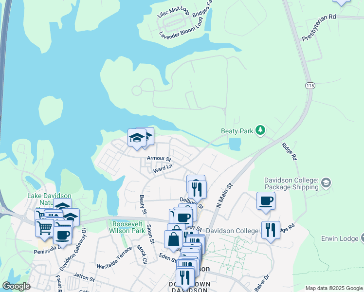 map of restaurants, bars, coffee shops, grocery stores, and more near 835 Naples Drive in Davidson